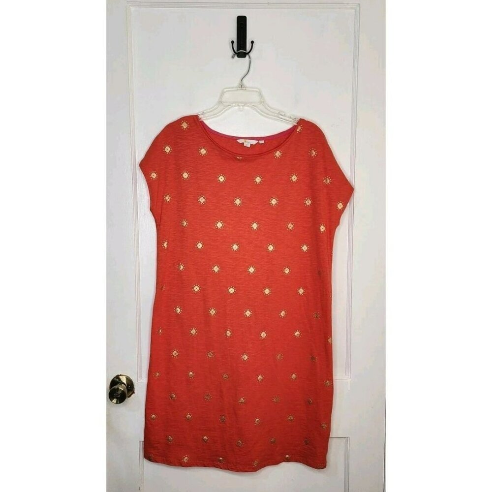 Boden Fire Orange Pauline T Shirt Dress Gold Flowers Size 10L